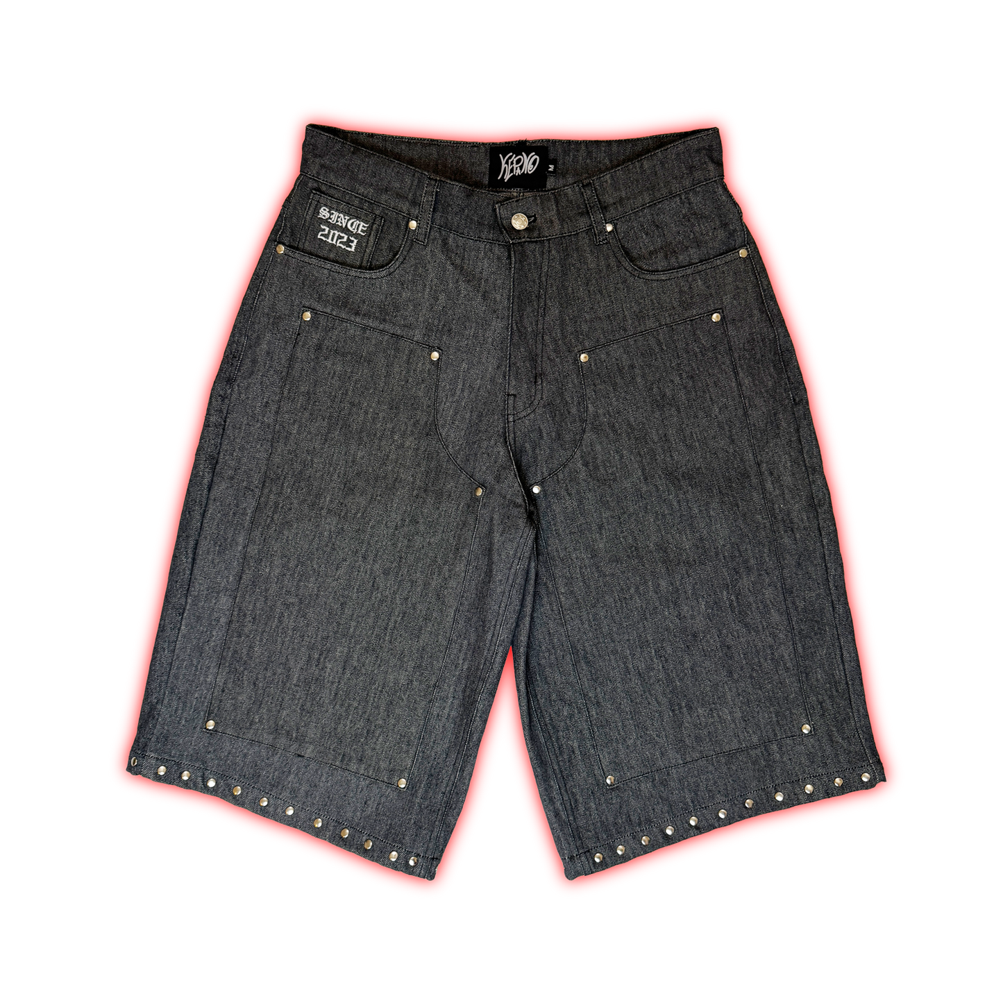 STUDDED DOUBLE KNEE DENIM SHORT